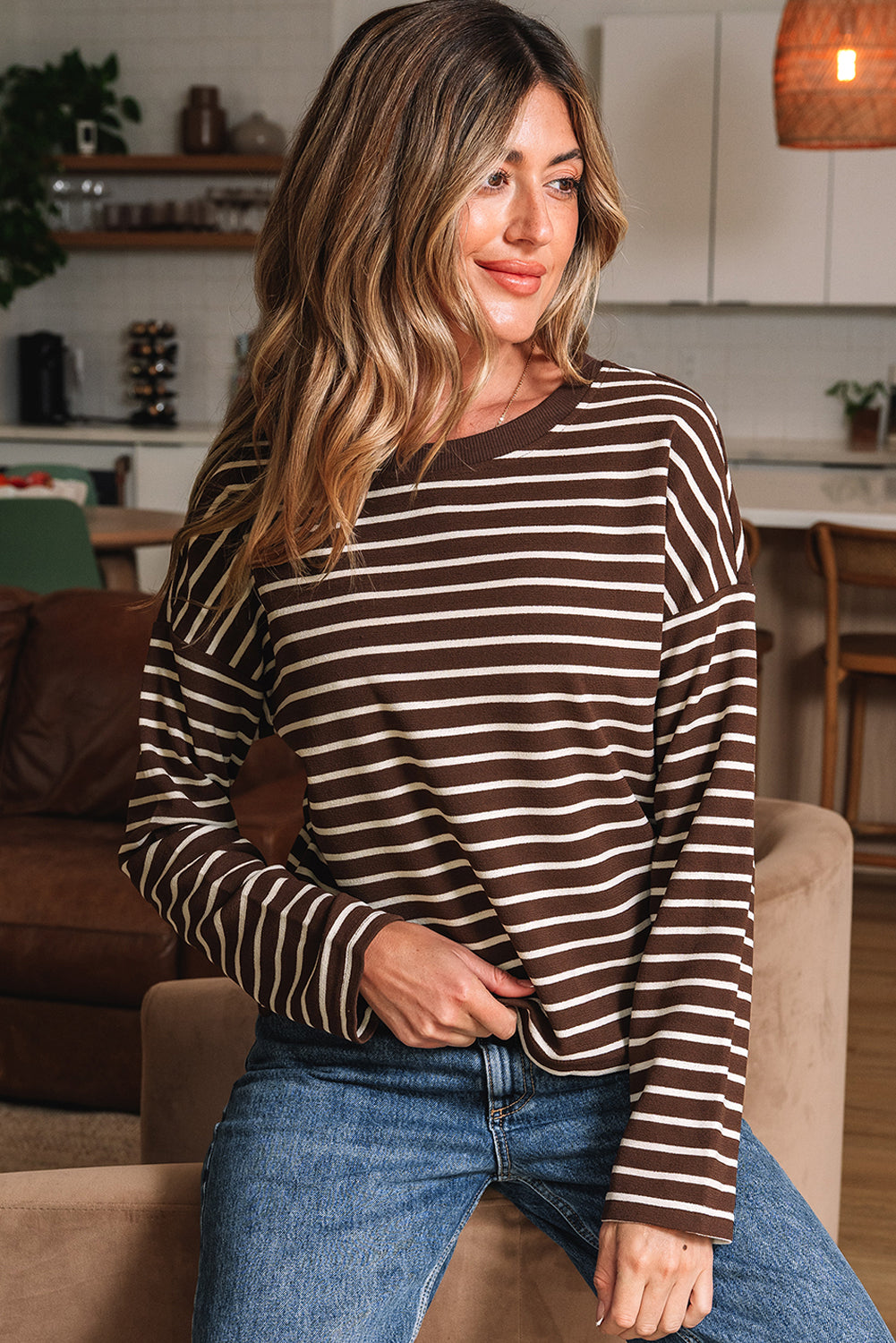 Ember Stripe Ribbed Cropped Crew Neck Top-3