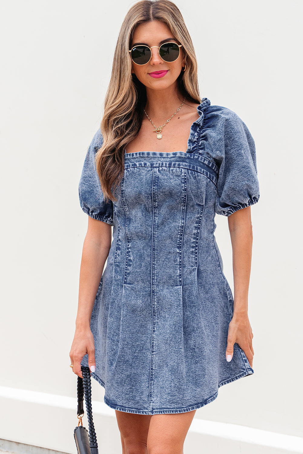 Celia Square Neck Bustier Puff Sleeve Short Denim Dress-0