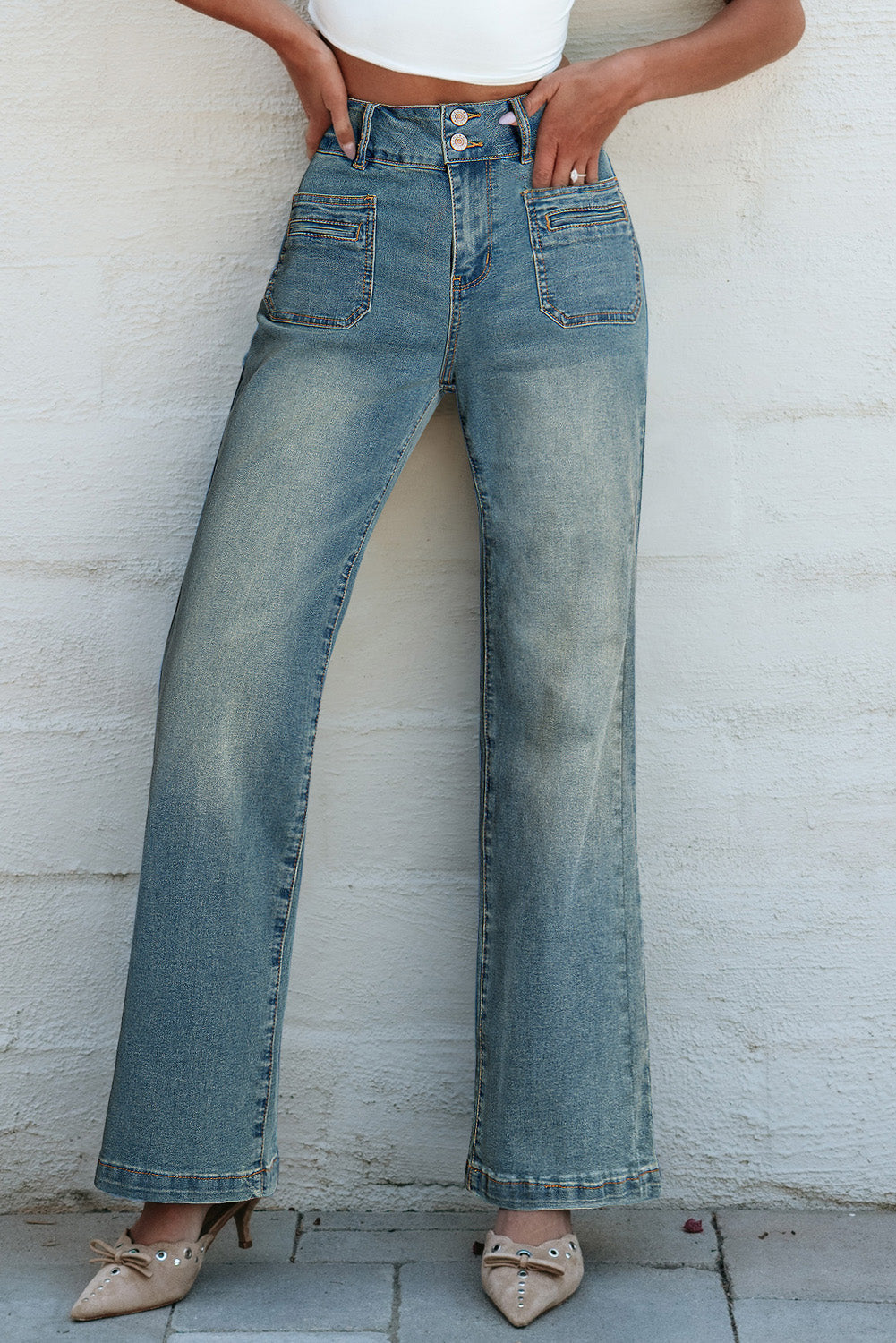 Amyra Double Button Patch Pocket Flare Leg Jeans-2