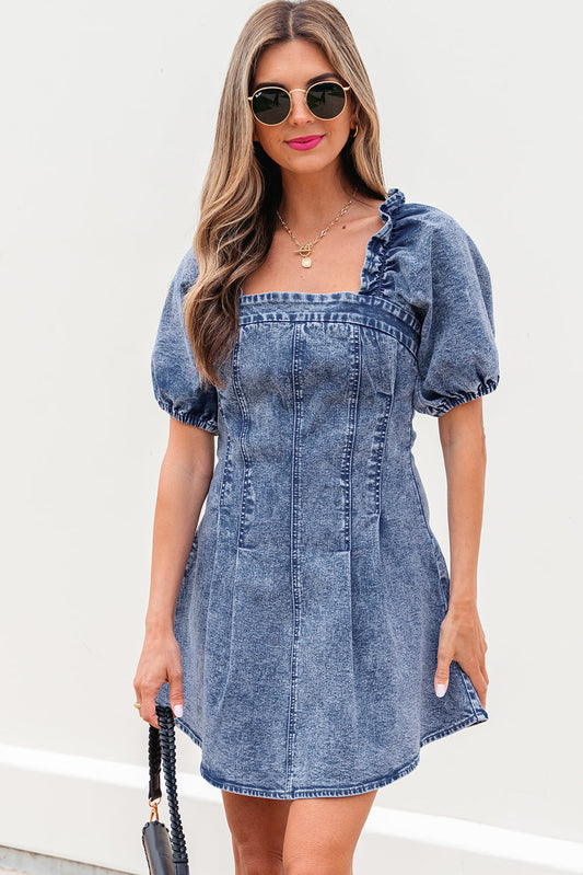 Celia Square Neck Bustier Puff Sleeve Short Denim Dress-0